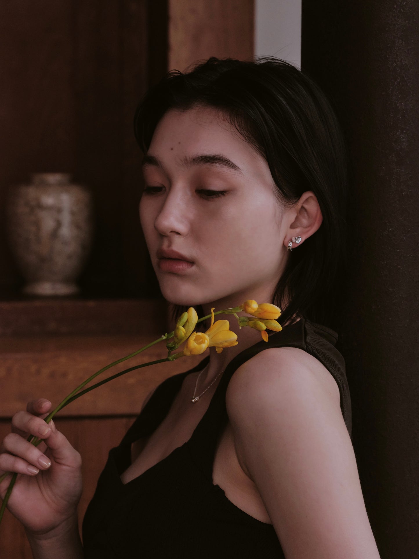 Crystal on heart silver piercing